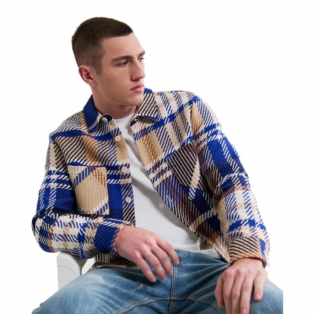 NWOT WAX LONDON WHITING OVERSHIRT-BOLD CHECK BLUE/TAN XXL